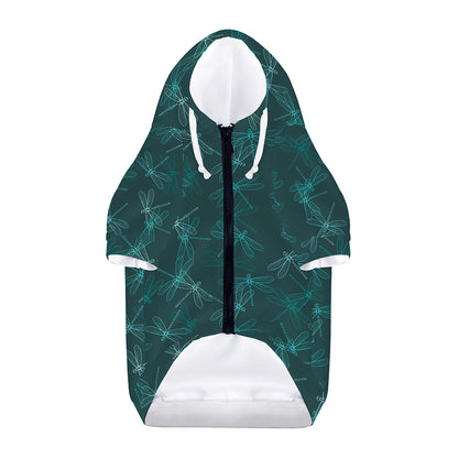 Turquoise Dragonfly Pattern Print Dog Zip Up Hoodie
