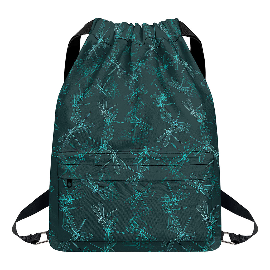 Turquoise Dragonfly Pattern Print Drawstring Backpack