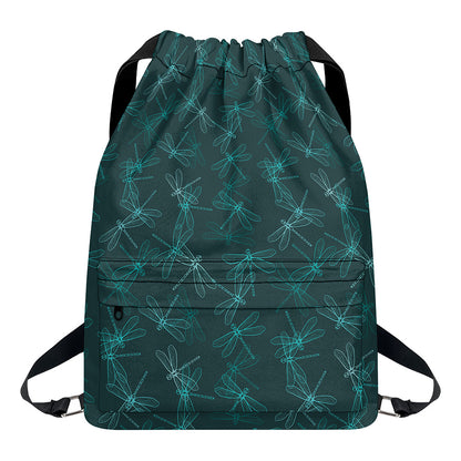 Turquoise Dragonfly Pattern Print Drawstring Backpack