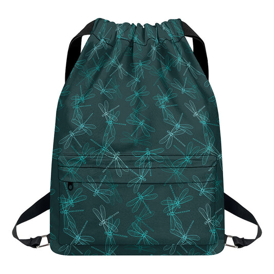 Turquoise Dragonfly Pattern Print Drawstring Backpack