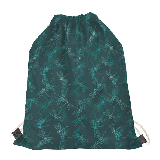 Turquoise Dragonfly Pattern Print Drawstring Bag
