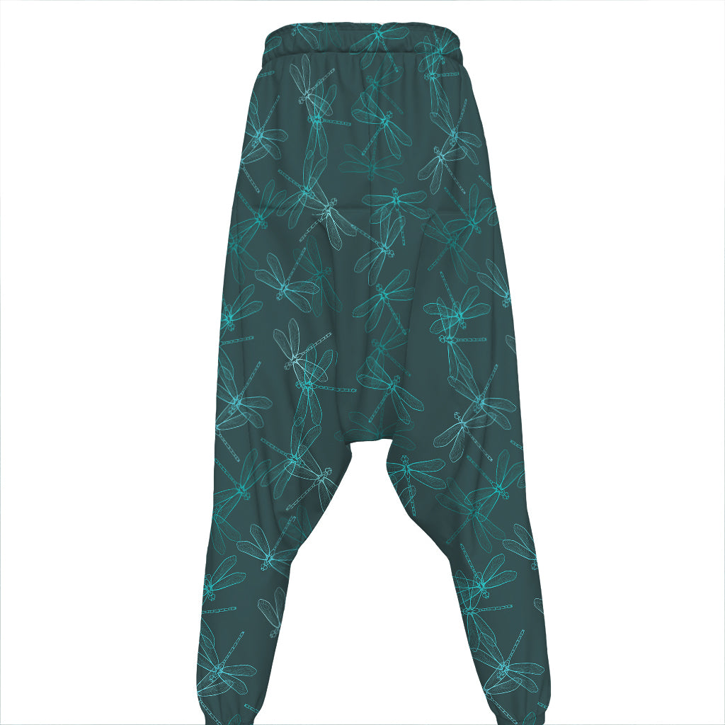 Turquoise Dragonfly Pattern Print Hammer Pants