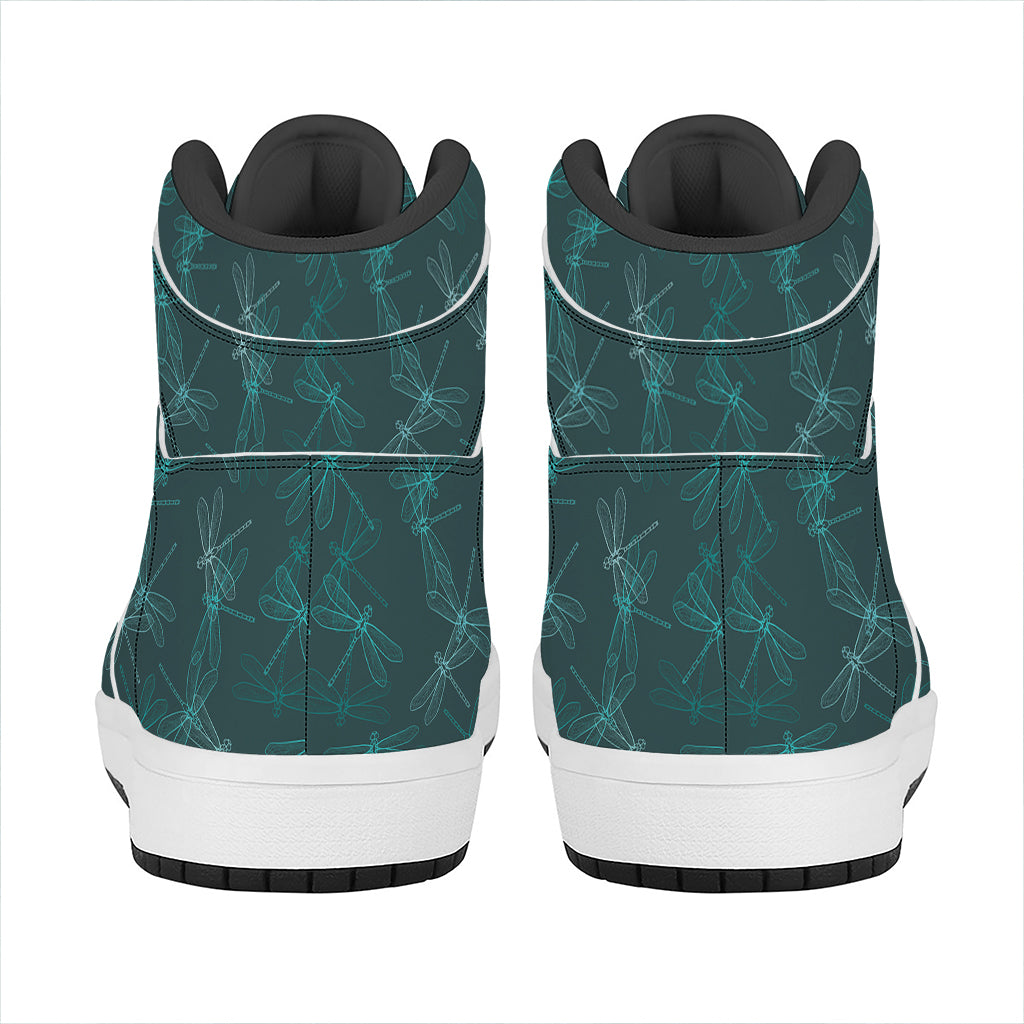 Turquoise Dragonfly Pattern Print High Top Leather Sneakers