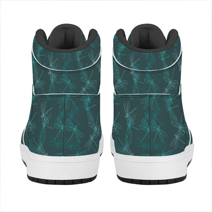 Turquoise Dragonfly Pattern Print High Top Leather Sneakers