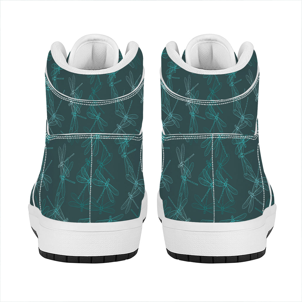 Turquoise Dragonfly Pattern Print High Top Leather Sneakers