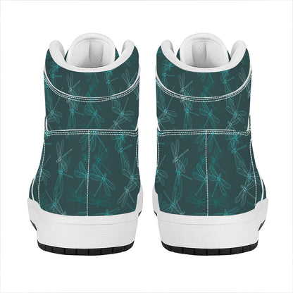 Turquoise Dragonfly Pattern Print High Top Leather Sneakers