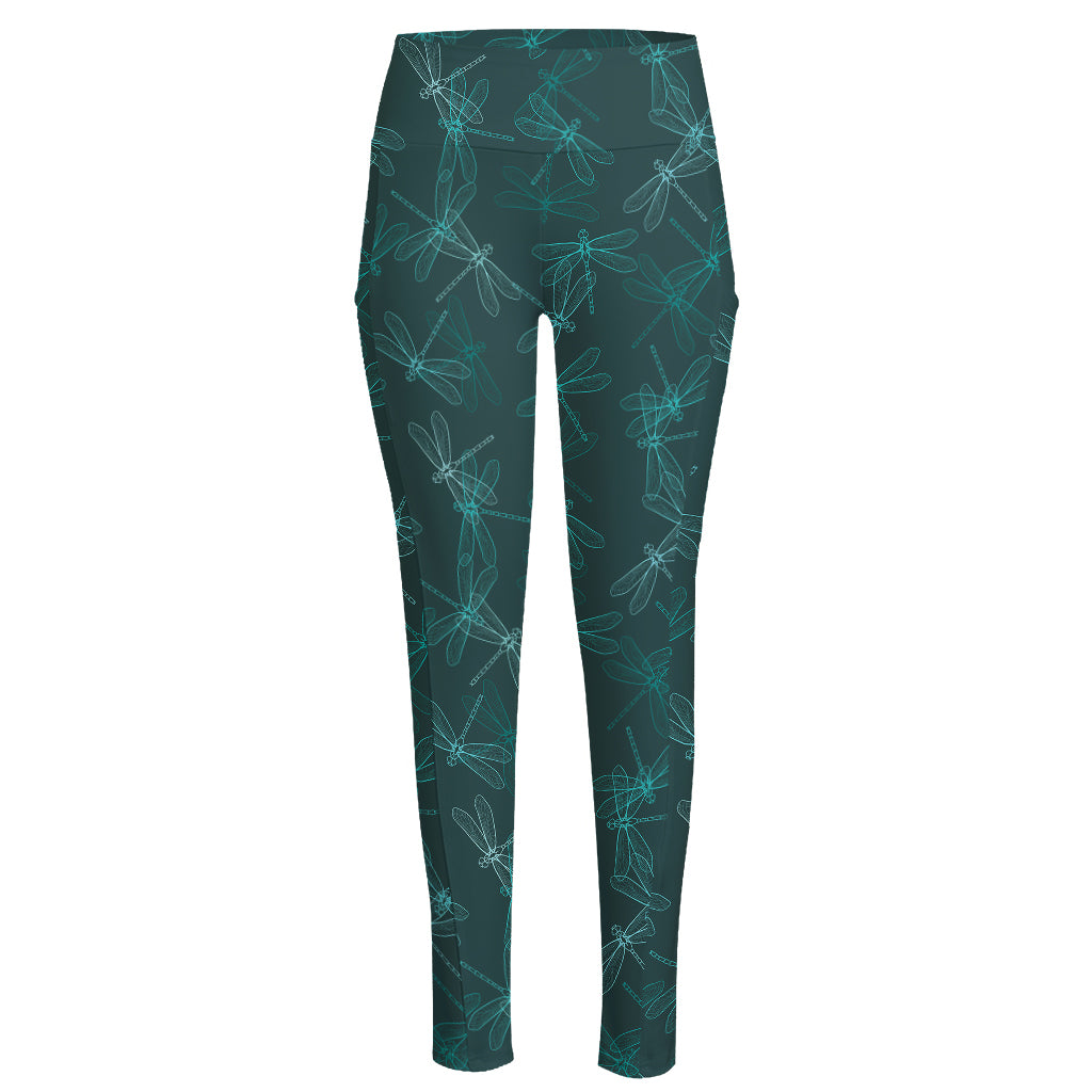 Turquoise Dragonfly Pattern Print High-Waisted Pocket Leggings