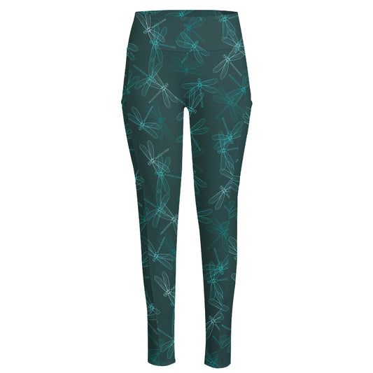 Turquoise Dragonfly Pattern Print High-Waisted Pocket Leggings