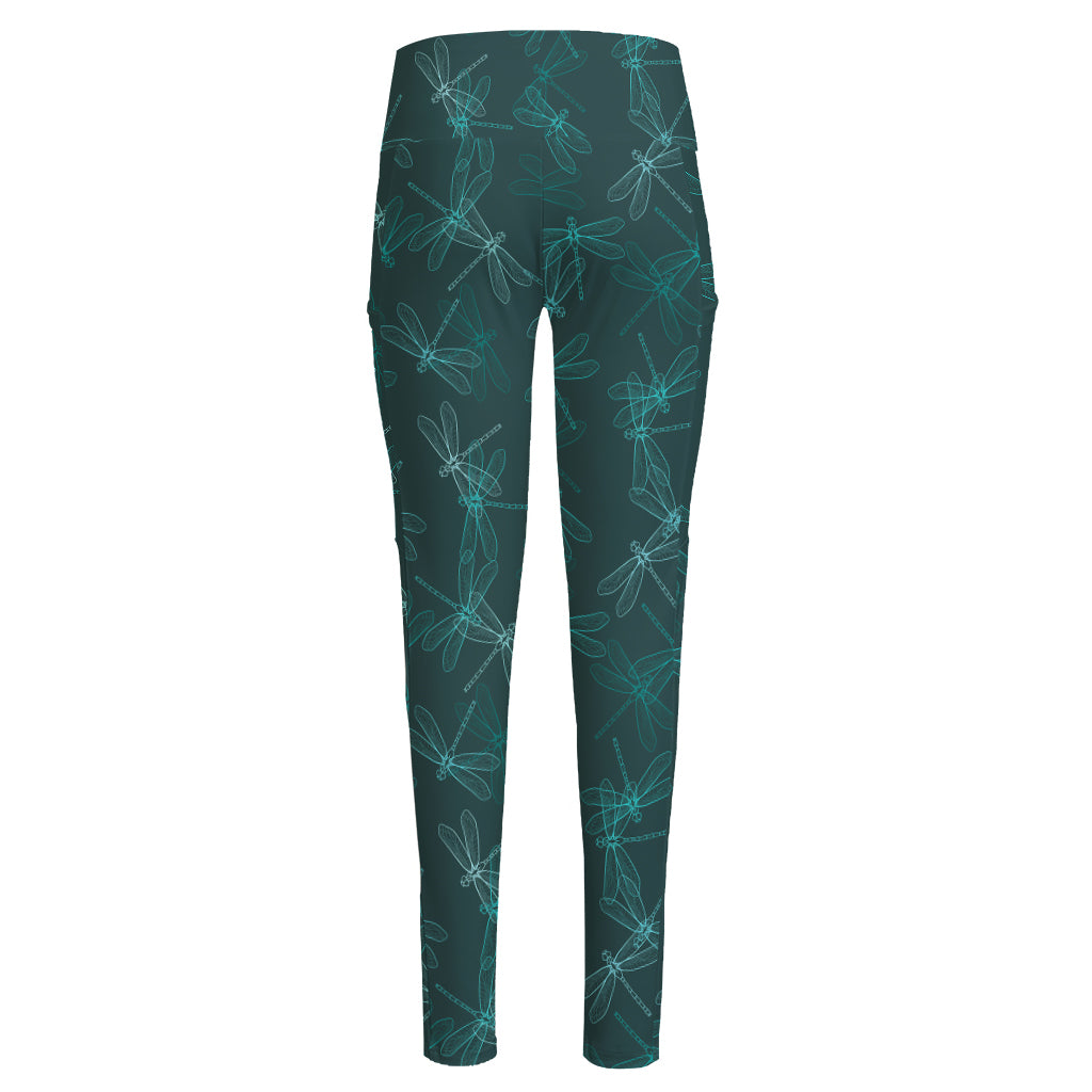 Turquoise Dragonfly Pattern Print High-Waisted Pocket Leggings