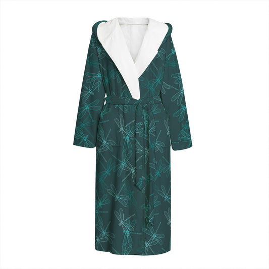 Turquoise Dragonfly Pattern Print Hooded Bathrobe