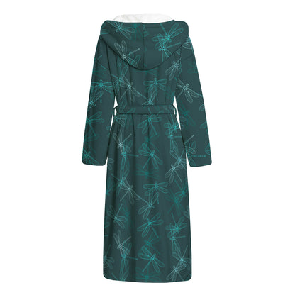 Turquoise Dragonfly Pattern Print Hooded Bathrobe