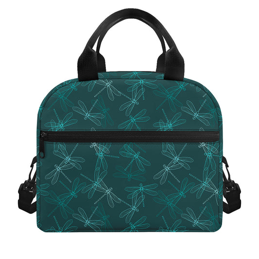 Turquoise Dragonfly Pattern Print Insulated Lunch Bag