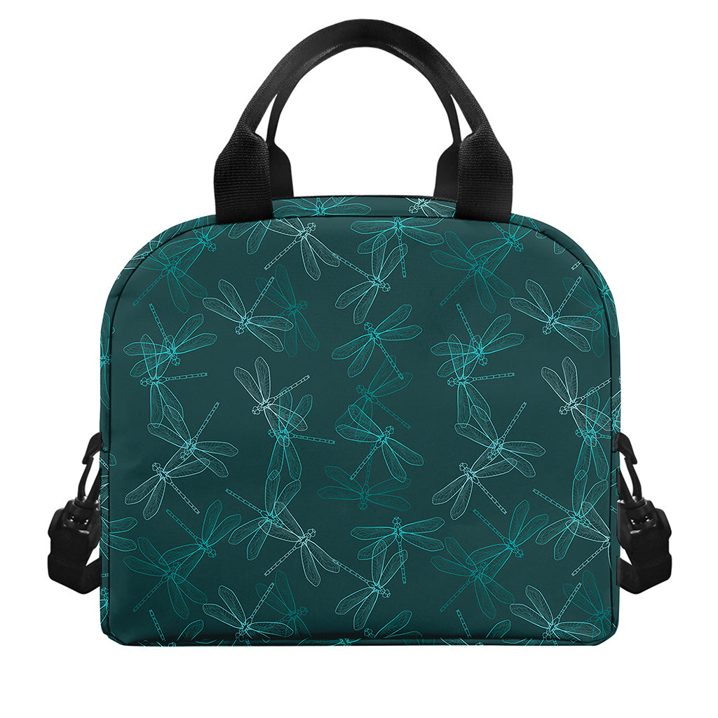Turquoise Dragonfly Pattern Print Insulated Lunch Bag