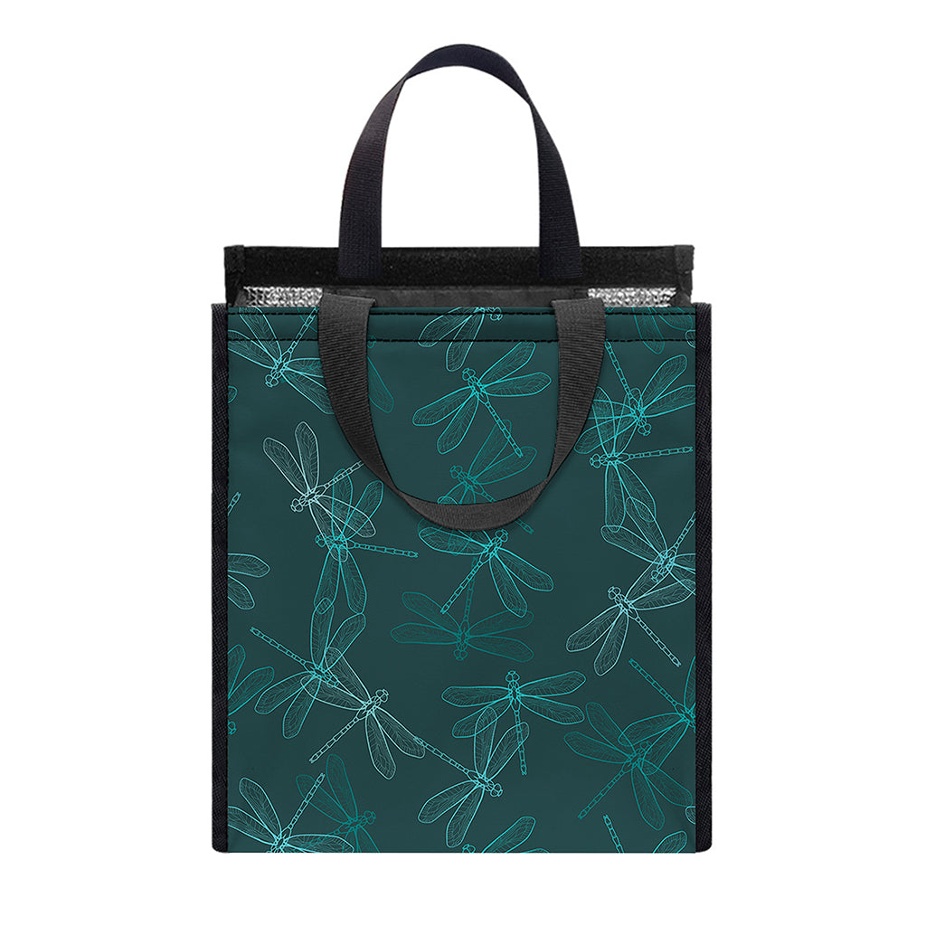 Turquoise Dragonfly Pattern Print Insulated Lunch Tote