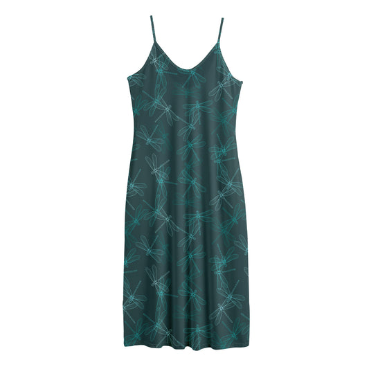 Turquoise Dragonfly Pattern Print Jersey Midi Cami Dress