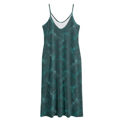 Turquoise Dragonfly Pattern Print Jersey Midi Cami Dress