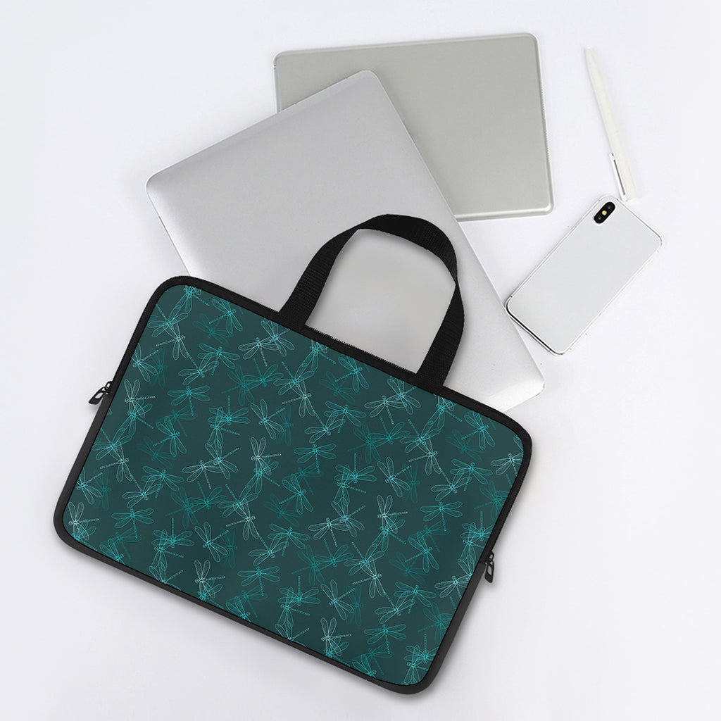 Turquoise Dragonfly Pattern Print Laptop Sleeve With Handle