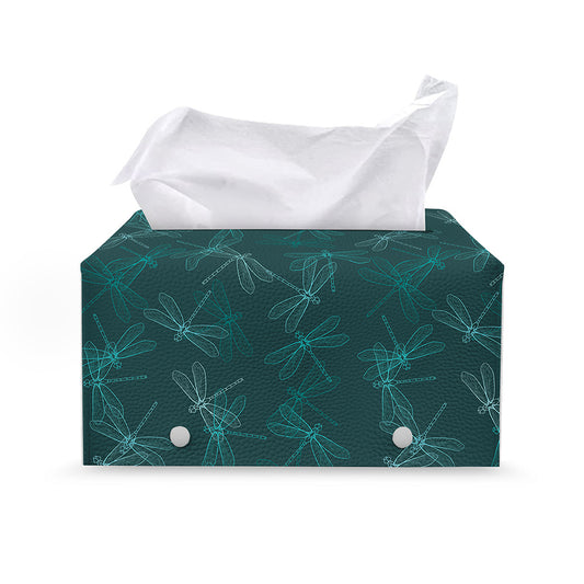 Turquoise Dragonfly Pattern Print Leather Tissue Box Cover