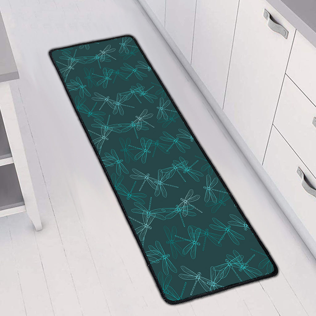 Turquoise Dragonfly Pattern Print Long Kitchen Mat