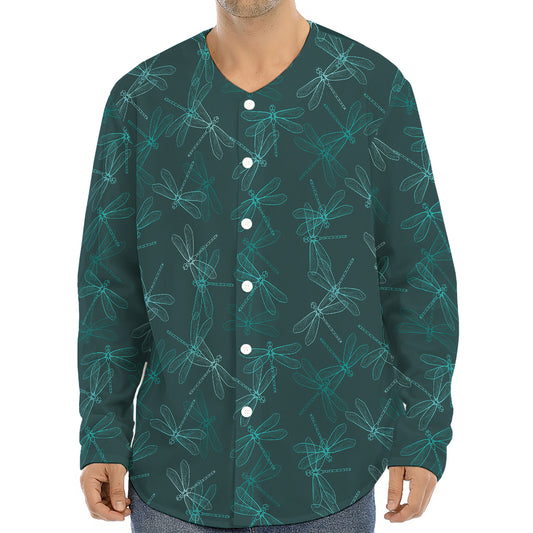 Turquoise Dragonfly Pattern Print Long Sleeve Baseball Jersey