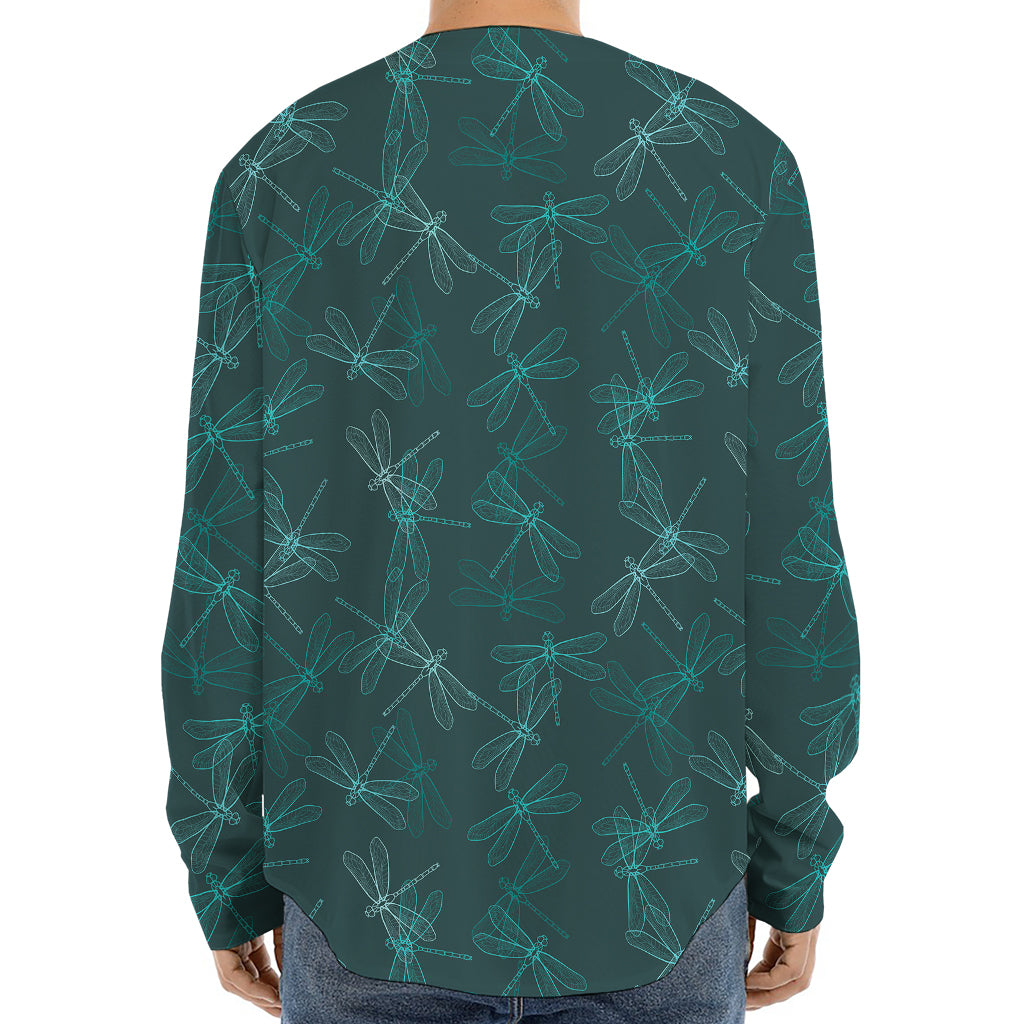 Turquoise Dragonfly Pattern Print Long Sleeve Baseball Jersey