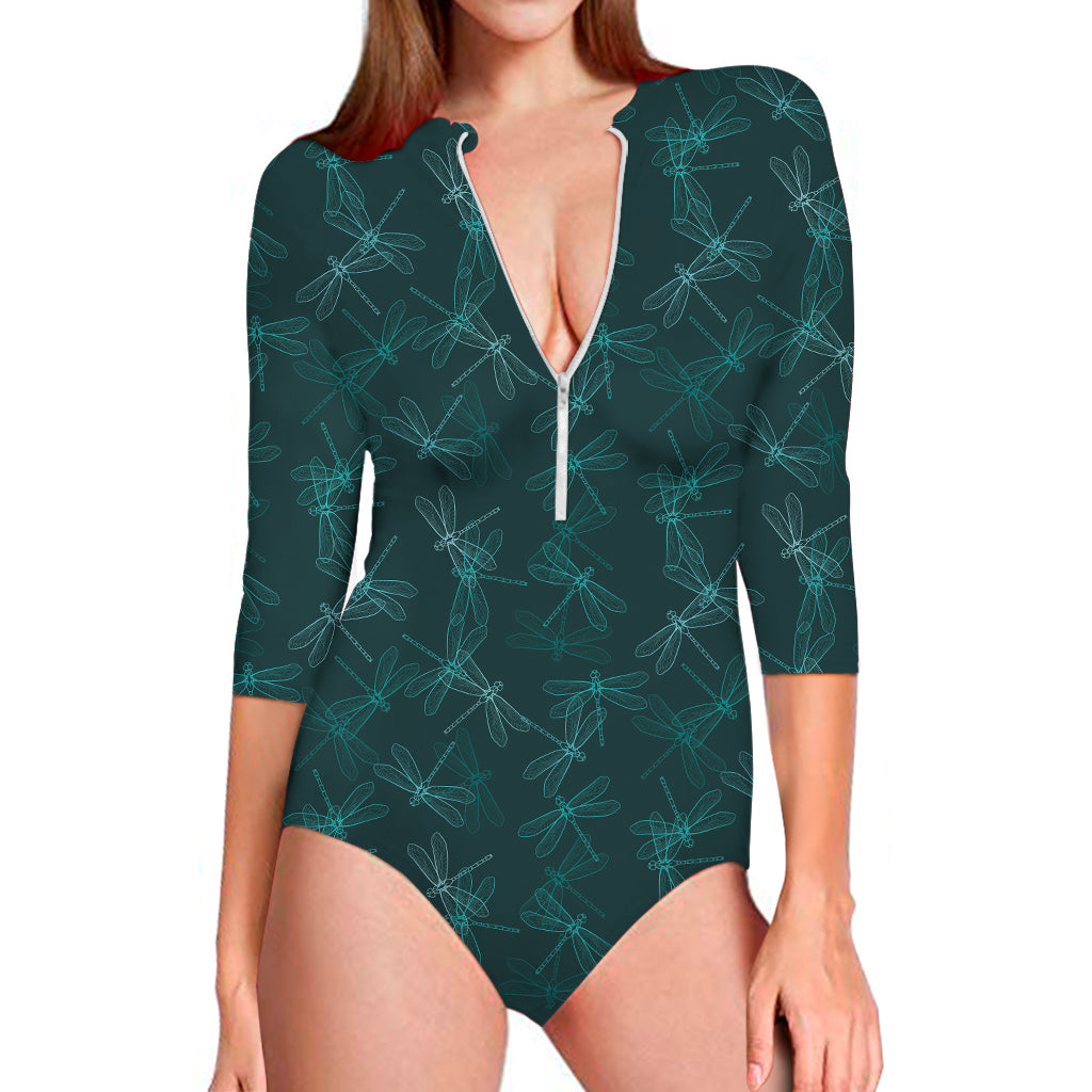 Turquoise Dragonfly Pattern Print Long Sleeve Swimsuit