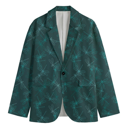 Turquoise Dragonfly Pattern Print Men's Blazer