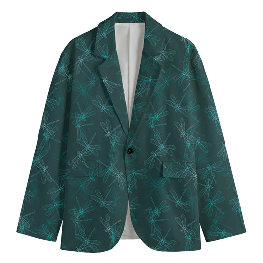 Turquoise Dragonfly Pattern Print Men's Cotton Blazer