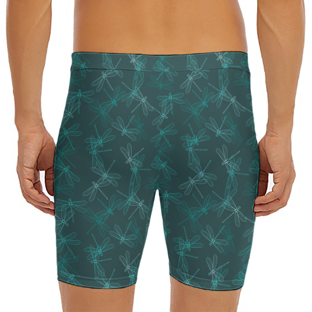 Turquoise Dragonfly Pattern Print Men's Long Boxer Briefs