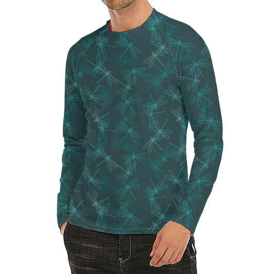 Turquoise Dragonfly Pattern Print Men's Long Sleeve Rash Guard