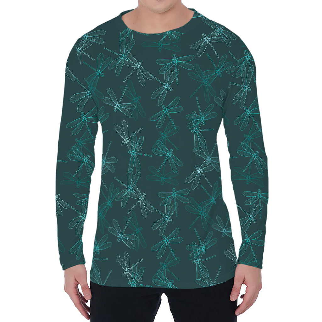 Turquoise Dragonfly Pattern Print Men's Long Sleeve T-Shirt
