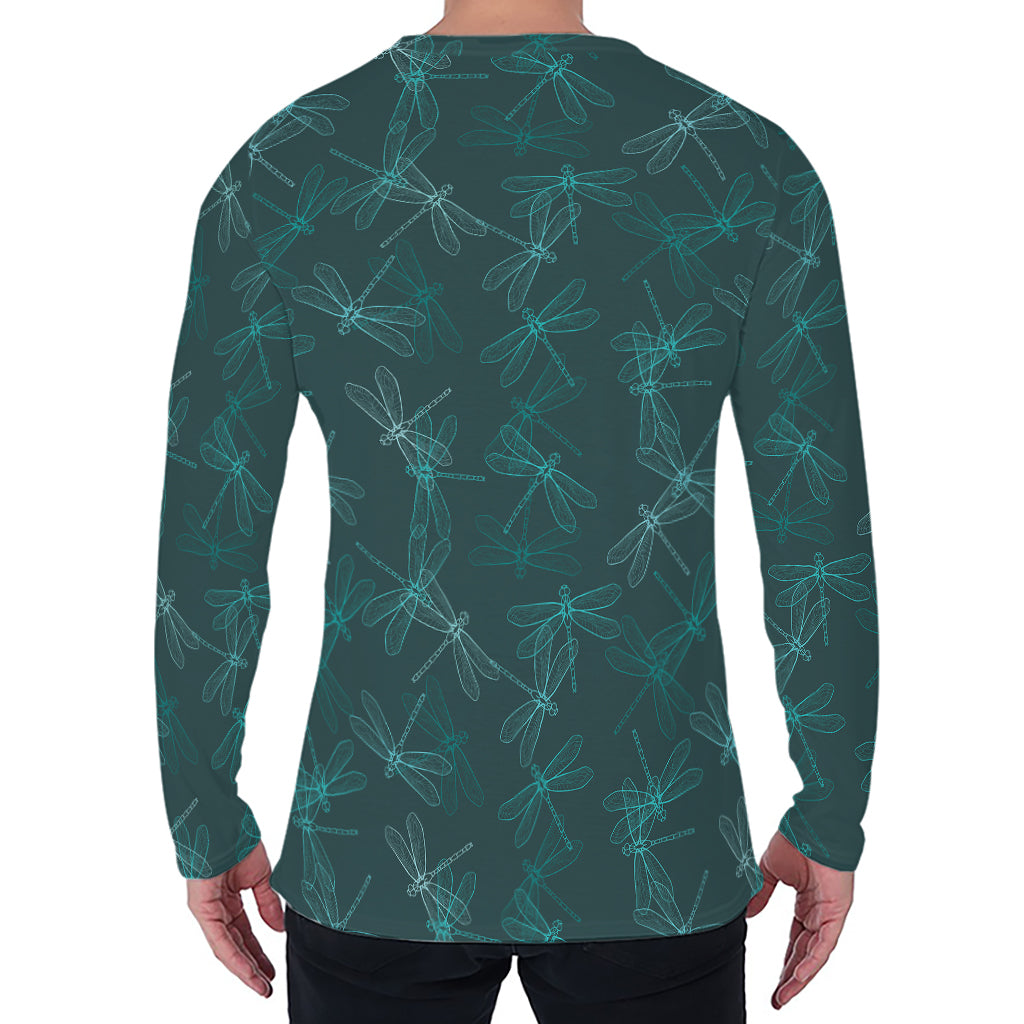 Turquoise Dragonfly Pattern Print Men's Long Sleeve T-Shirt
