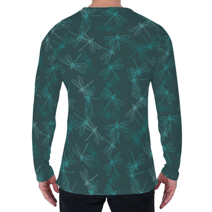 Turquoise Dragonfly Pattern Print Men's Long Sleeve T-Shirt