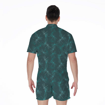 Turquoise Dragonfly Pattern Print Men's Rompers