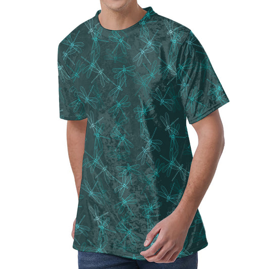 Turquoise Dragonfly Pattern Print Men's Velvet T-Shirt