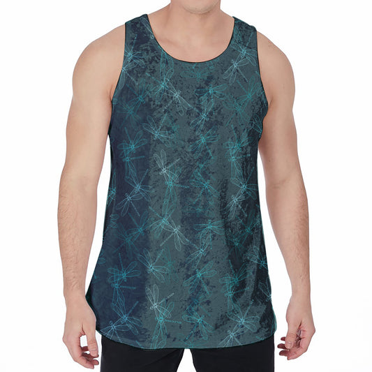 Turquoise Dragonfly Pattern Print Men's Velvet Tank Top