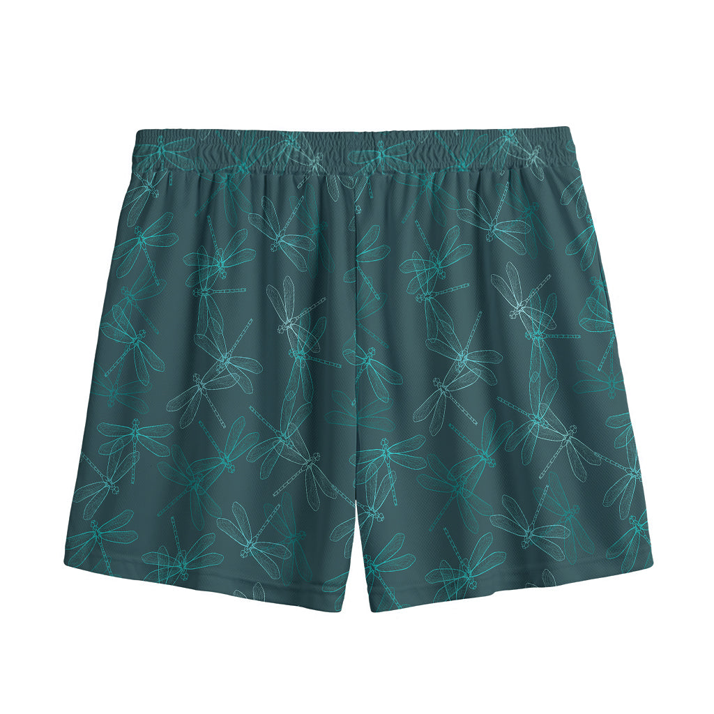Turquoise Dragonfly Pattern Print Mesh Shorts