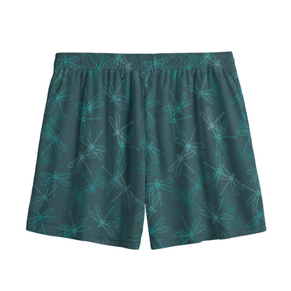 Turquoise Dragonfly Pattern Print Mesh Shorts