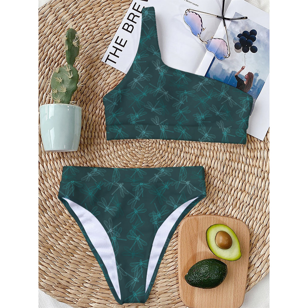 Turquoise Dragonfly Pattern Print One Shoulder Bikini Top