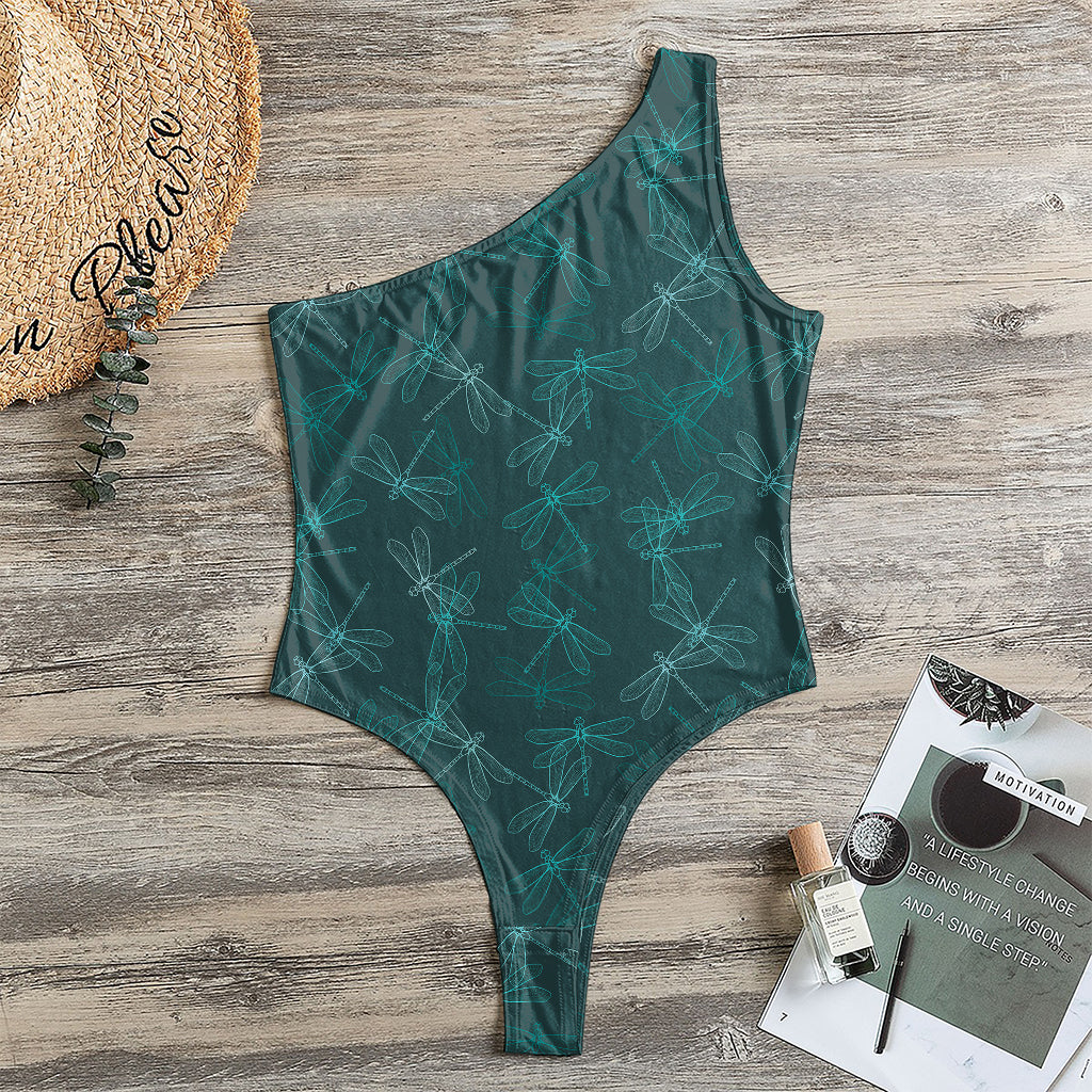 Turquoise Dragonfly Pattern Print One Shoulder Bodysuit