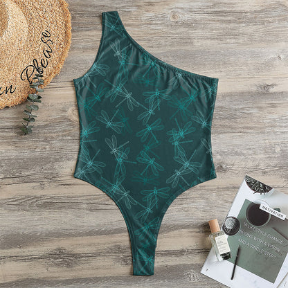 Turquoise Dragonfly Pattern Print One Shoulder Bodysuit