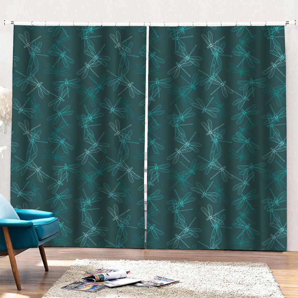 Turquoise Dragonfly Pattern Print Pencil Pleat Curtains