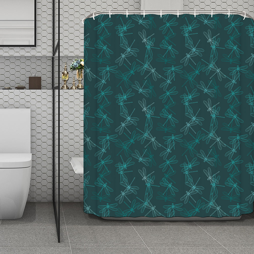 Turquoise Dragonfly Pattern Print Polyester Shower Curtain