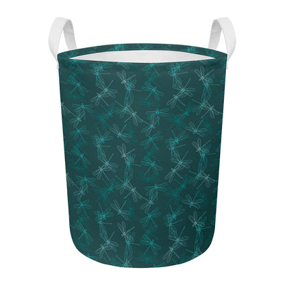Turquoise Dragonfly Pattern Print Round Laundry Basket
