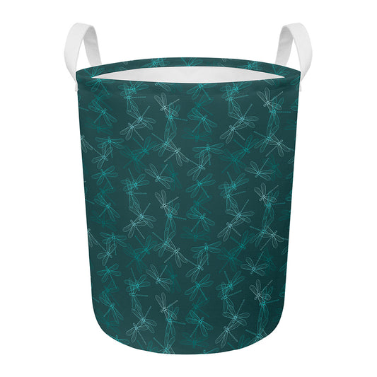 Turquoise Dragonfly Pattern Print Round Laundry Basket