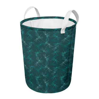Turquoise Dragonfly Pattern Print Round Laundry Basket