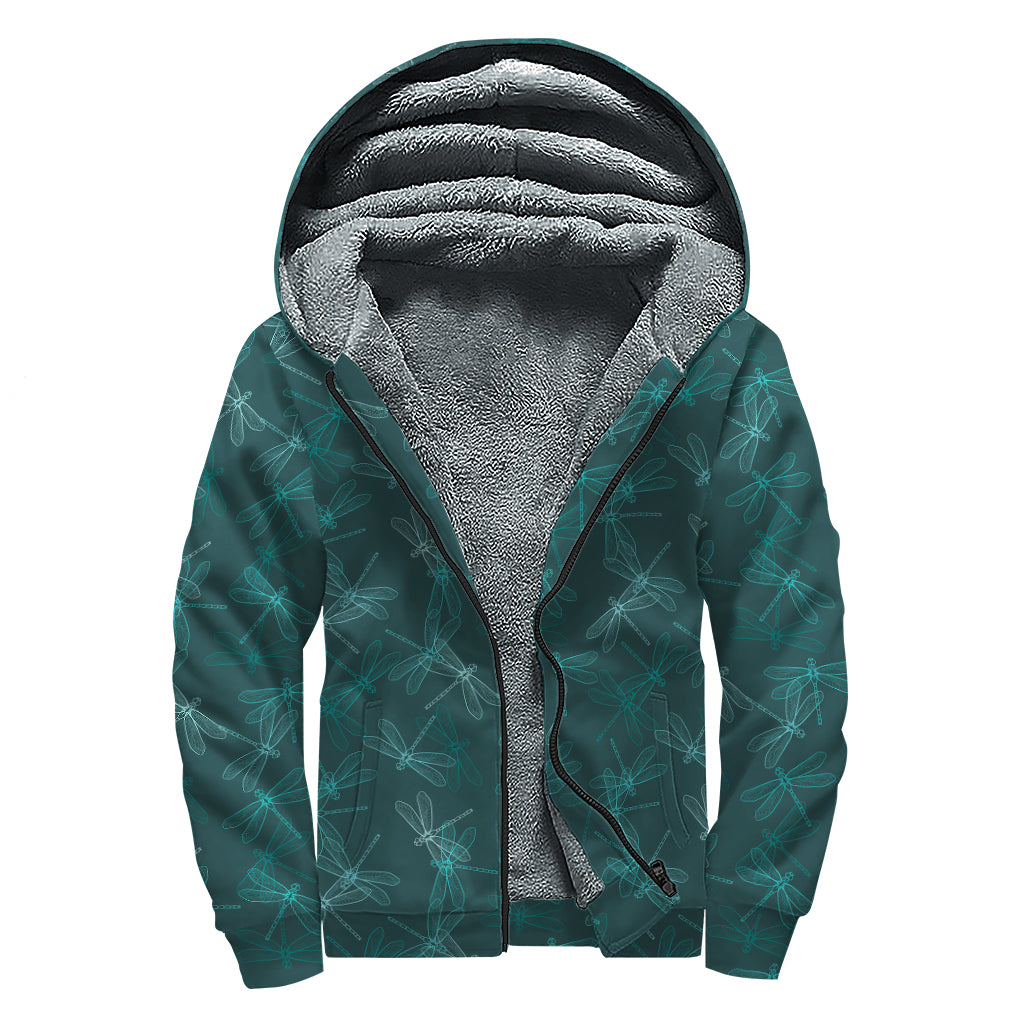 Turquoise Dragonfly Pattern Print Sherpa Lined Zip Up Hoodie