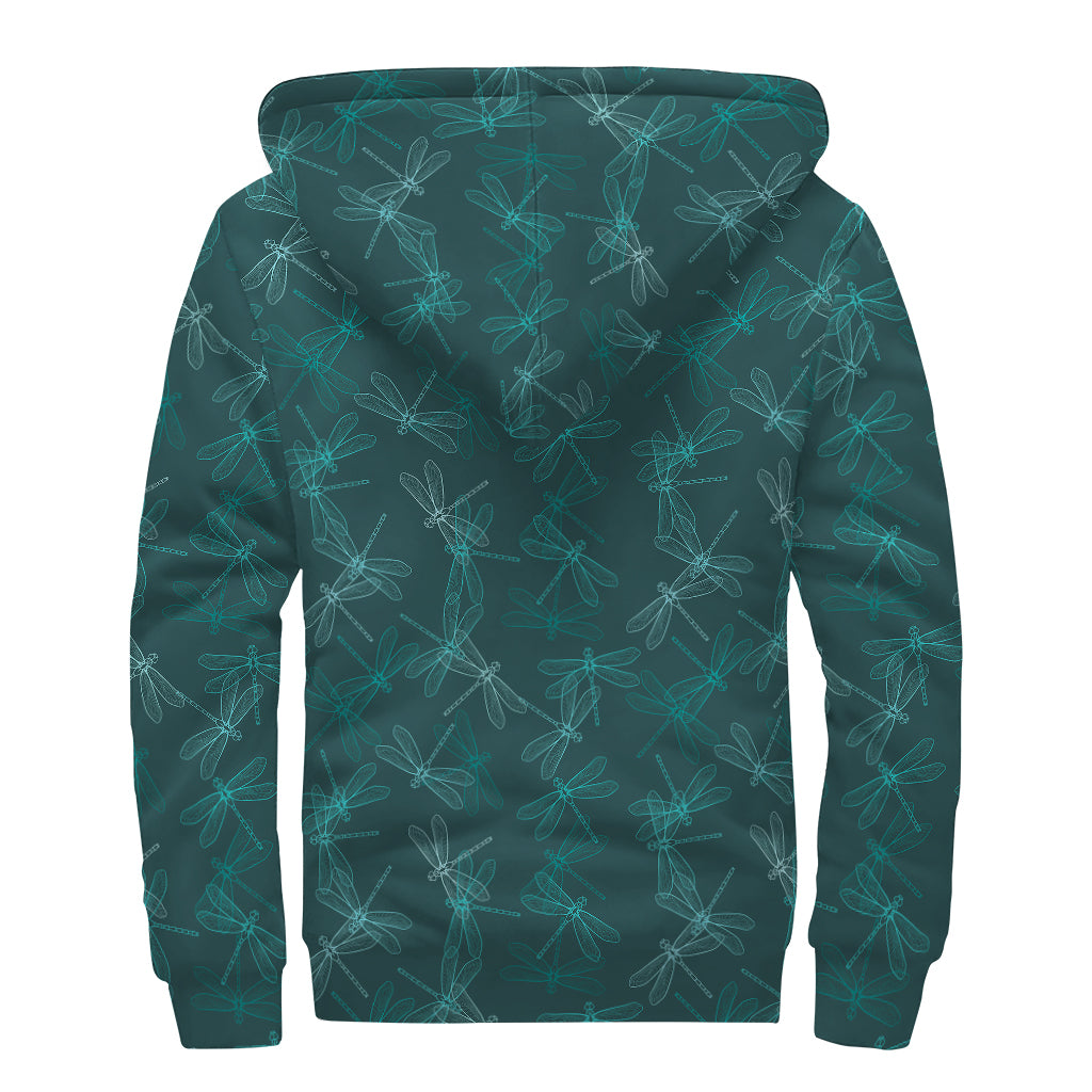 Turquoise Dragonfly Pattern Print Sherpa Lined Zip Up Hoodie