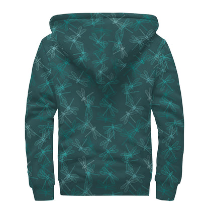 Turquoise Dragonfly Pattern Print Sherpa Lined Zip Up Hoodie
