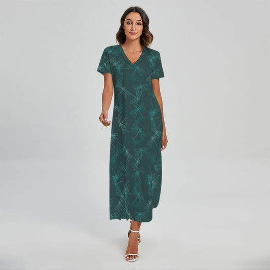 Turquoise Dragonfly Pattern Print Short Sleeve Maxi Dress